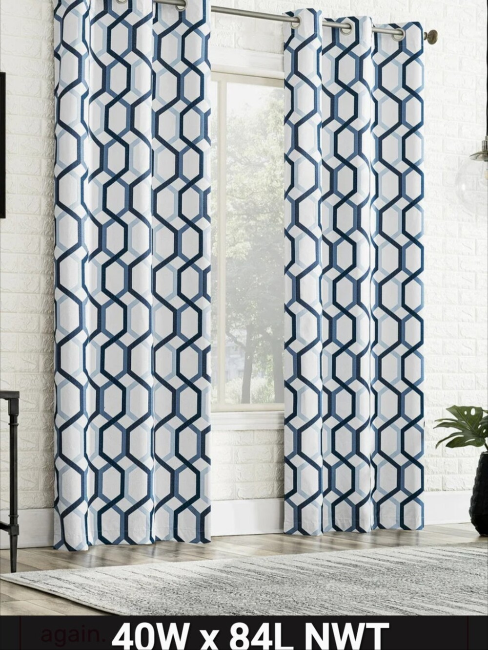 Geometric Blue And White Window Curtains - NWT